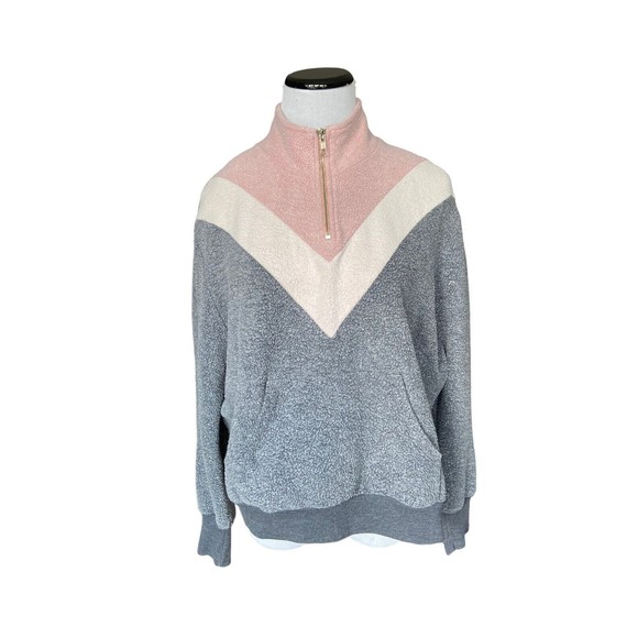Wildfox Womens Soto Warmup Sweatshirt Size M Gray Pink ColorBlock Fleece 1/4 Zip - Picture 2 of 11